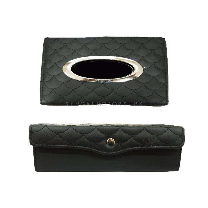 Premium Luxury Car Tissue Holder Case Box With Thread Design - Black