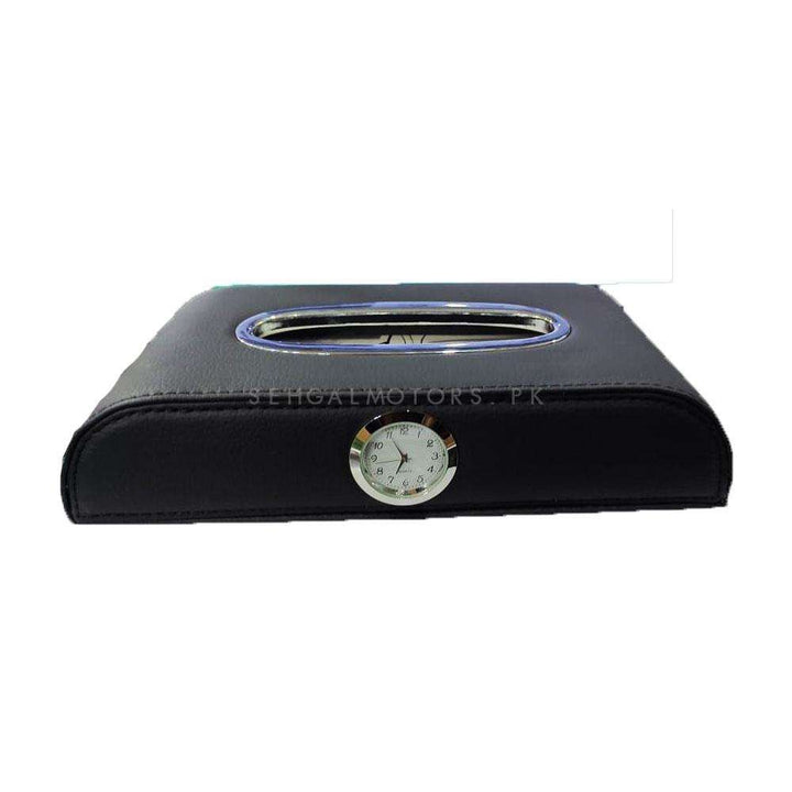 Premium Luxury Car Tissue Holder Case Box With Clock - Black With Chrome