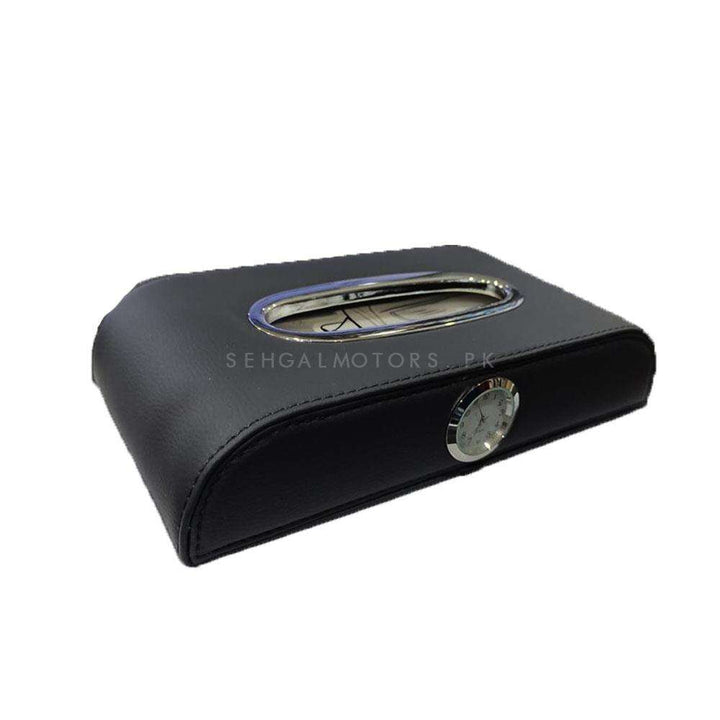 Premium Luxury Car Tissue Holder Case Box With Clock - Black With Chrome