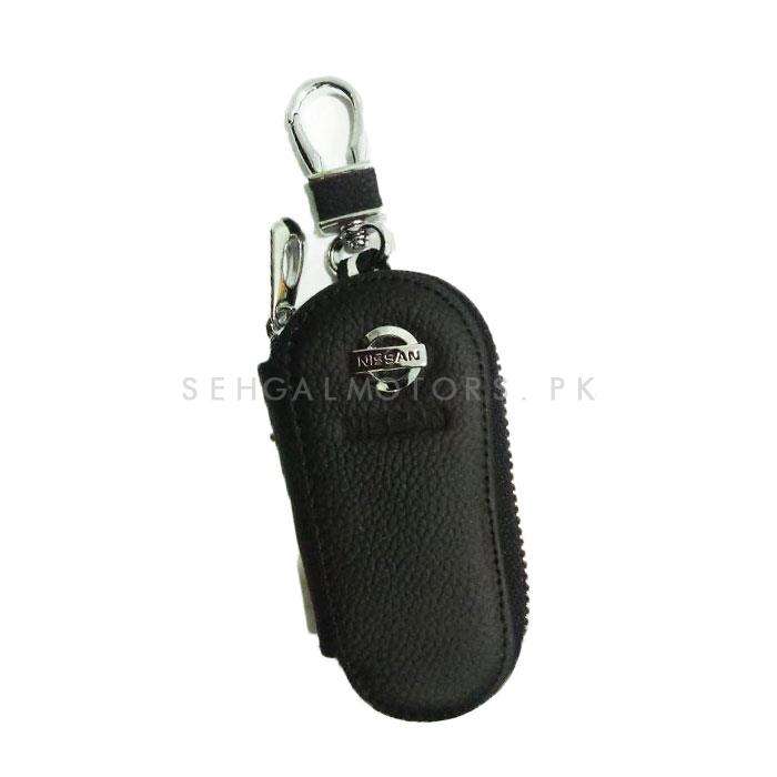 Nissan Zipper Matte Leather Key Cover Pouch Black with Keychain Ring