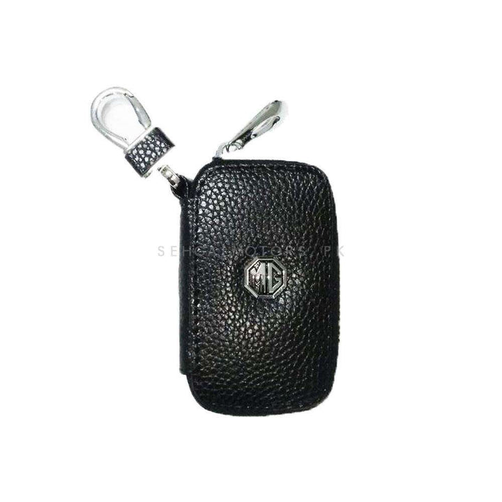 MG Zipper Matte Leather Key Cover Pouch Black with Keychain Ring