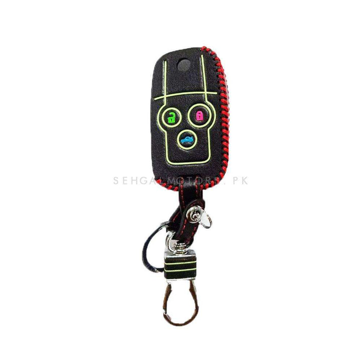 Honda Civic Leather Key Cover 3 Button Glow In Dark with Key Chain Ring Black - Model 2011-2013