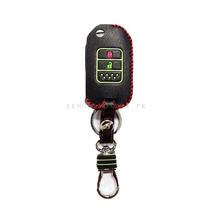 Honda Vezel Leather Key Cover 2 Button Glow In Dark with Key Chain Ring Black - Model 2017 -2020