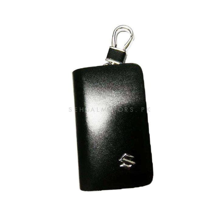 Suzuki Zipper Glossy Leather Key Cover Pouch Black with Keychain Ring