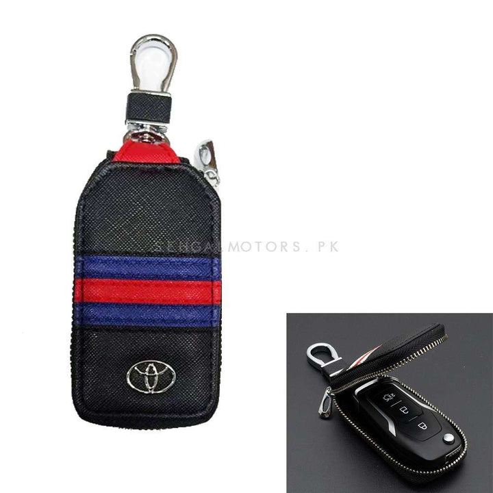 Toyota Zipper Jeans Key Cover Pouch Black With Red Blue Strip Keychain Ring