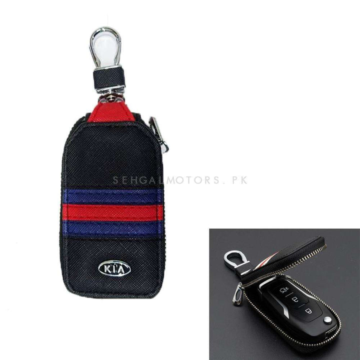 KIA Zipper Jeans Key Cover Pouch Black With Red Blue Strip Keychain Ring