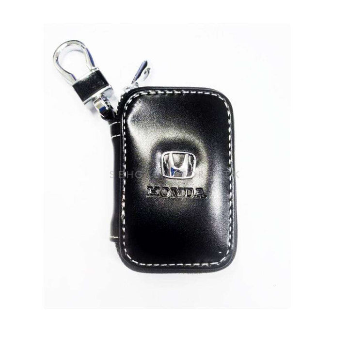 Honda Logo Glossy Leather Key Cover Pouch Black with Keychain Ring