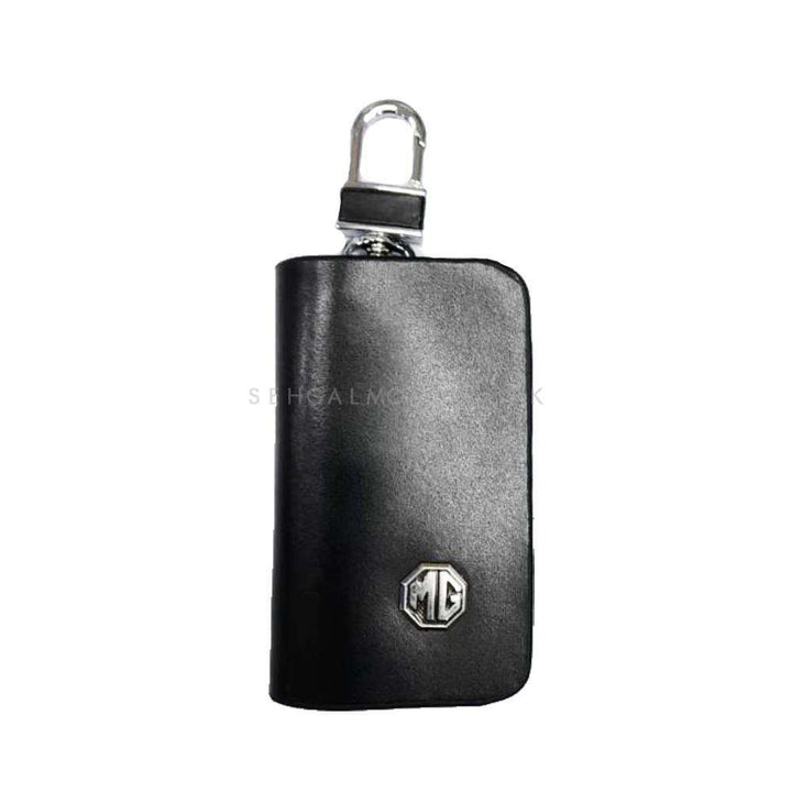 MG Zipper Glossy Leather Key Cover Pouch Black with Keychain Ring