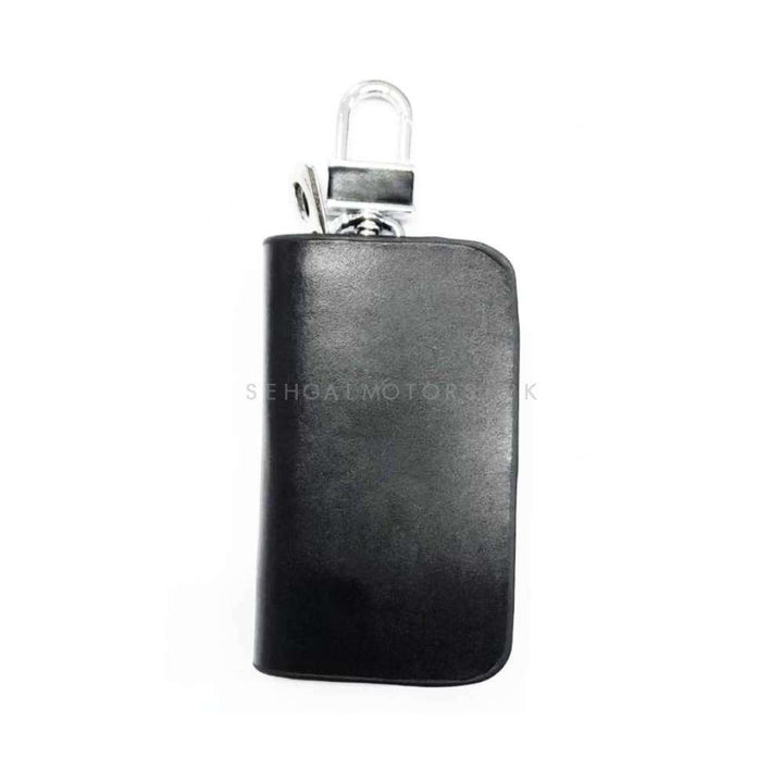 Universal Glossy Leather Key Cover Pouch Black with Keychain Ring