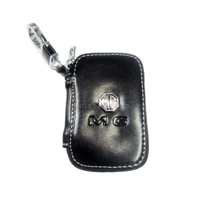 MG Zipper Glossy Leather Key Cover Pouch Black with Keychain Ring - Multi Stitch