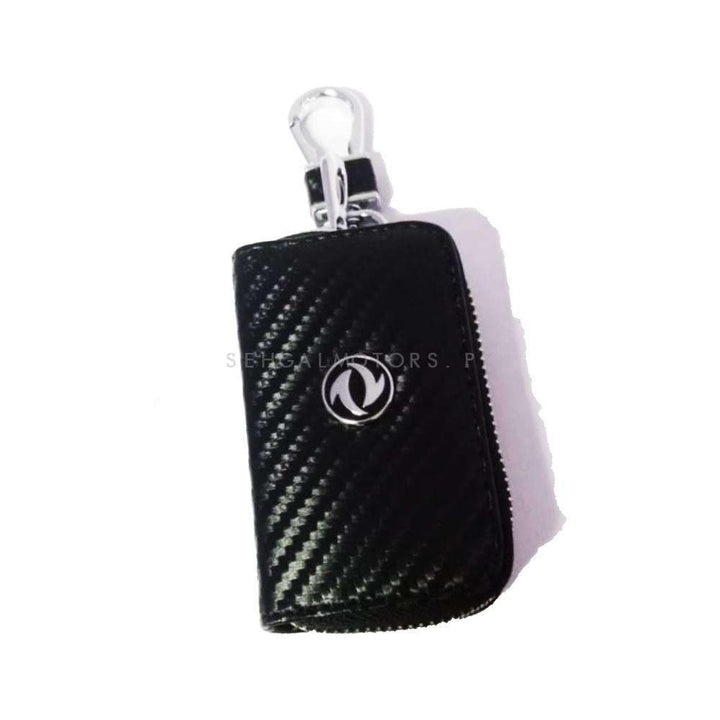 DFSK Zipper Carbon Fiber Leather Key Cover Pouch Black with Keychain Ring