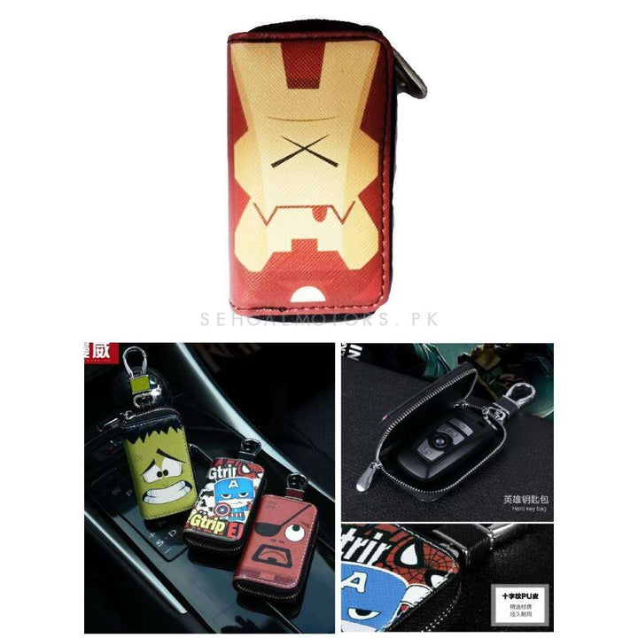 Iron Man Zipper Matte Leather Key Cover Pouch with Keychain Ring