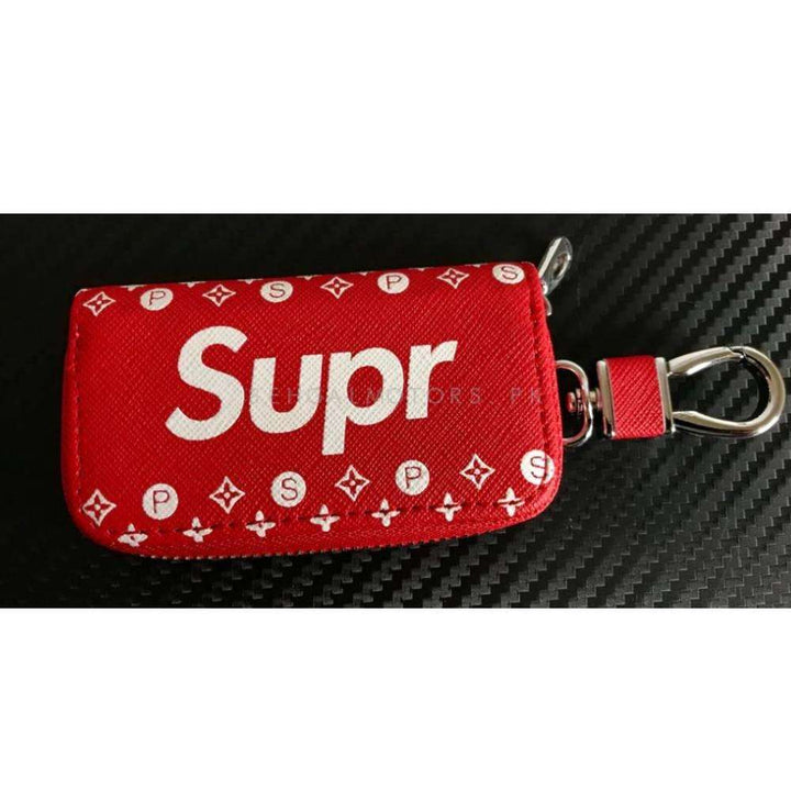 Supreme Zipper Matte Leather Key Cover Pouch Red with Keychain Ring