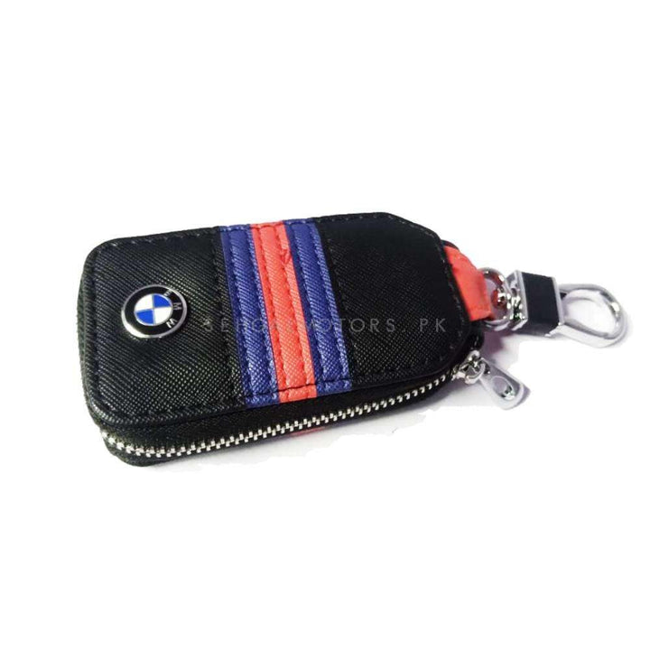 BMW Zipper Jeans Key Cover Pouch Black With Red Blue Strip Keychain Ring