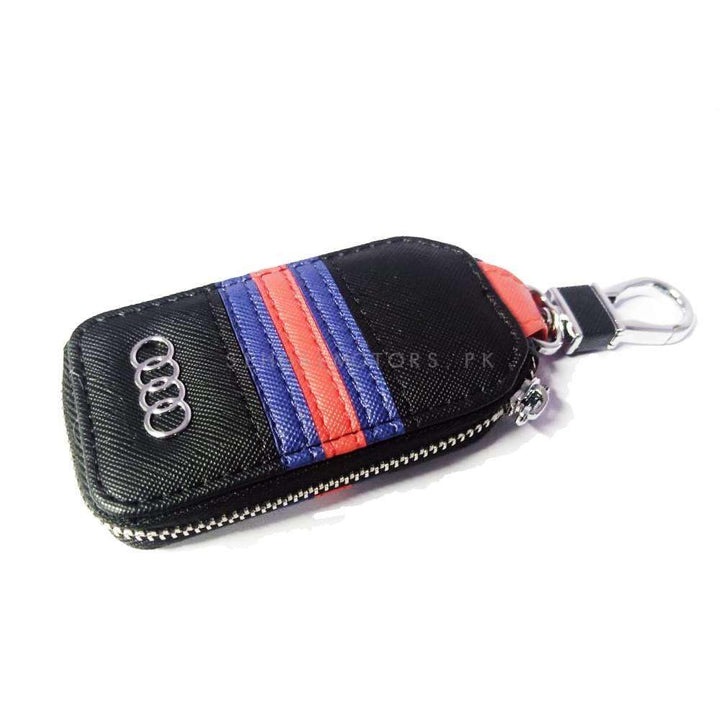 Audi Zipper Jeans Key Cover Pouch Black With Red Blue Strip Keychain Ring