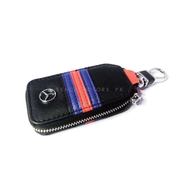 Mercedes Zipper Jeans Key Cover Pouch Black With Red Blue Strip Keychain Ring