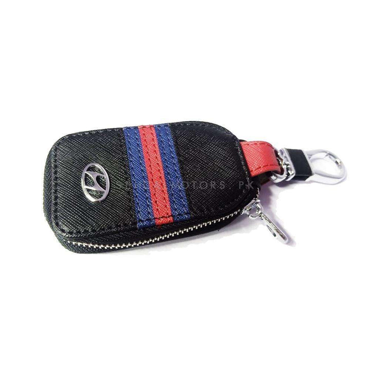 Hyundai Zipper Jeans Key Cover Pouch Black With Red Blue Strip Keychain Ring