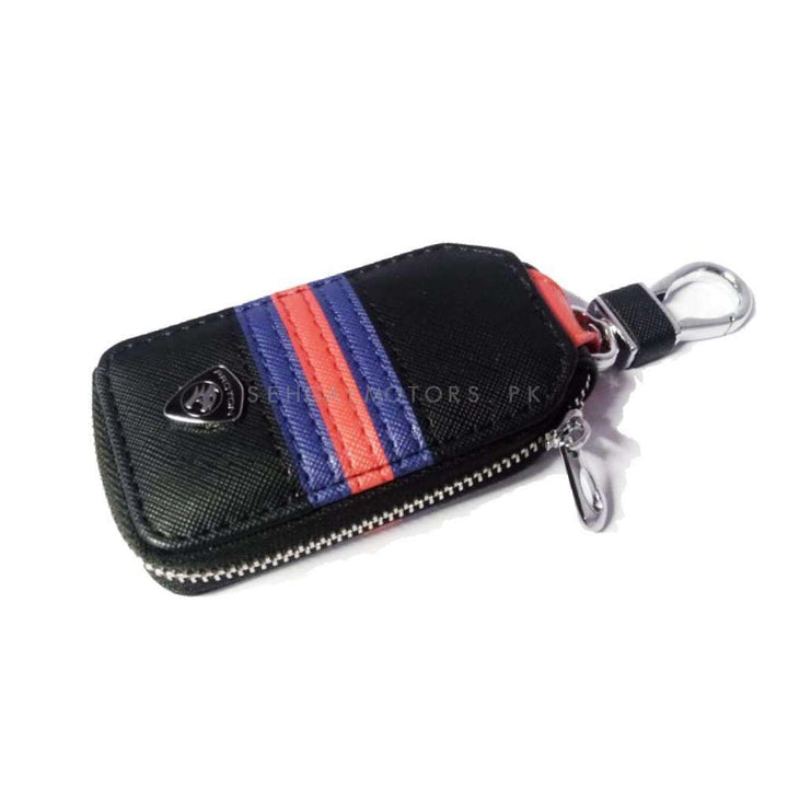 Proton Zipper Jeans Key Cover Pouch Black With Red Blue Strip Keychain Ring