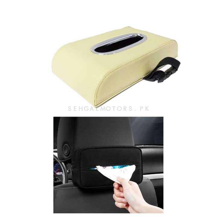 Universal Leather Headrest Car Tissue Holder Case Box With Chrome - Beige