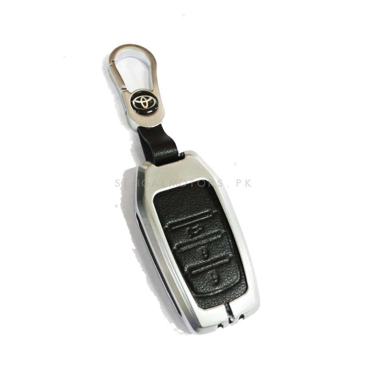 Toyota Hilux Revo/Rocco Leather Design Metal Key Cover Silver with Black 3 Buttons