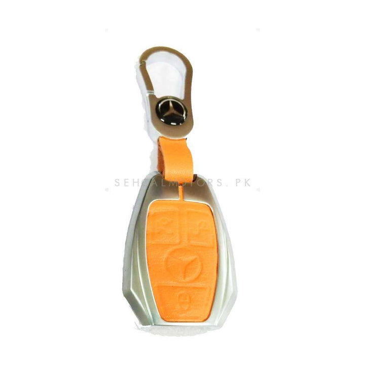 Mercedes Leather Design Metal Key Cover 4 Button Silver with Orange