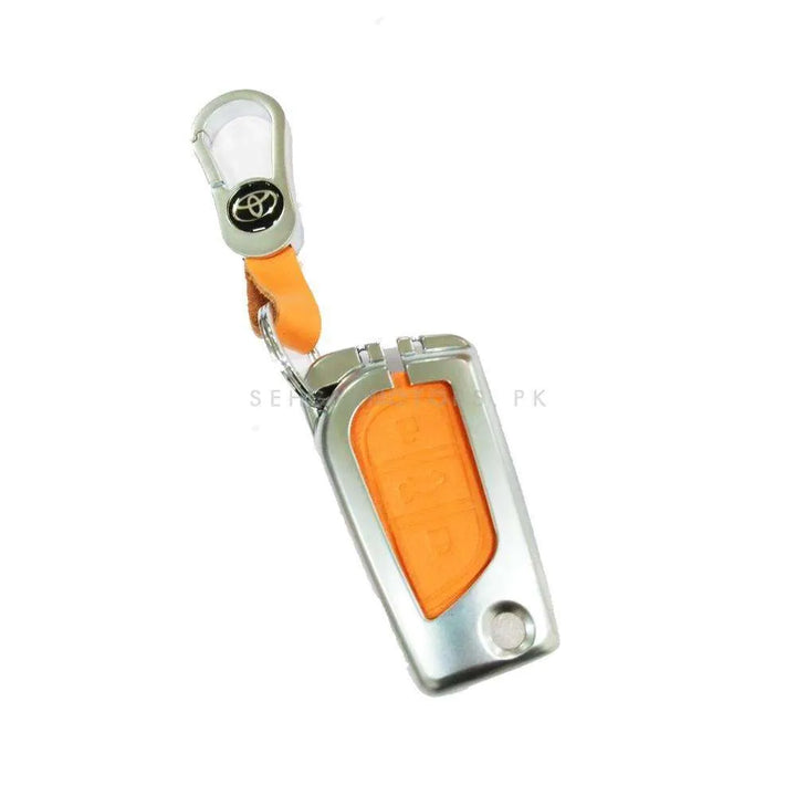 Toyota Hilux Revo/Rocco/Corolla Leather Design Metal Key Cover Silver with Orange 3 Buttons