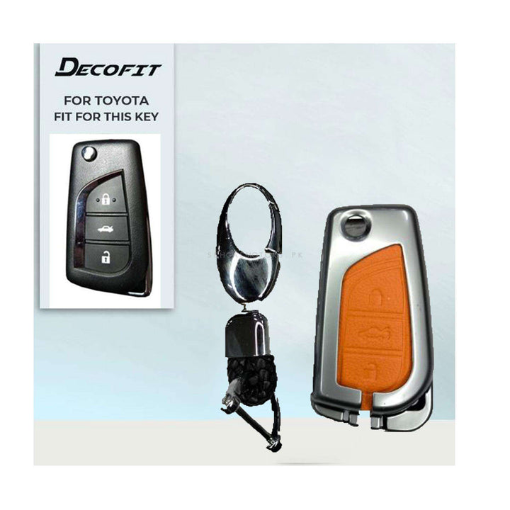 Toyota Hilux Revo/Rocco/Corolla Leather Design Metal Key Cover Silver with Orange 3 Buttons