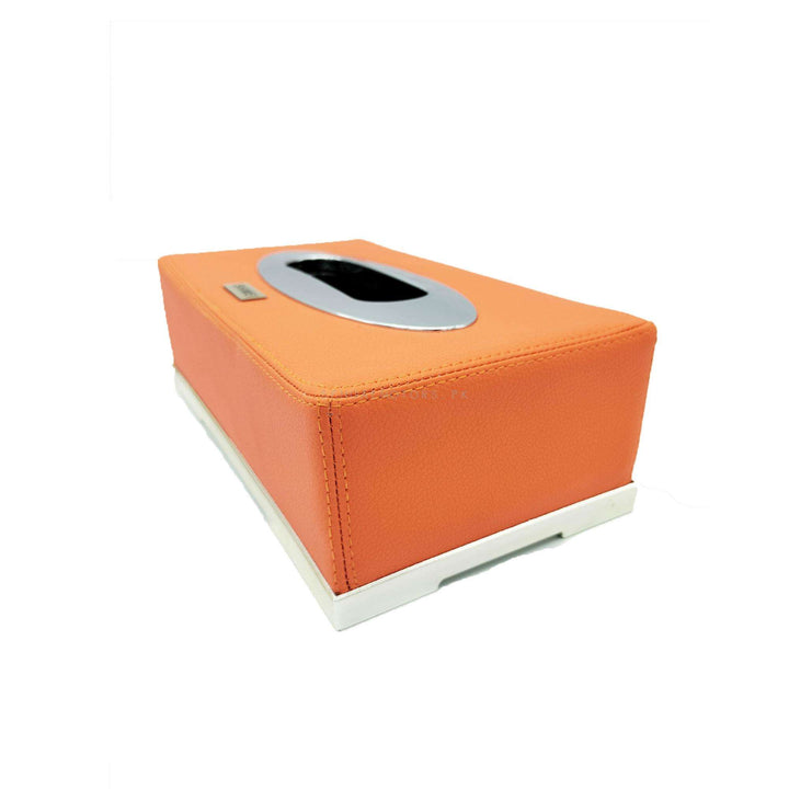 Leather Car Tissue Holder Case Box Orange With Chrome