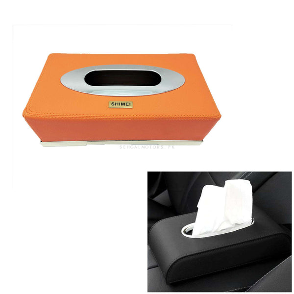 Leather Car Tissue Holder Case Box Orange With Chrome