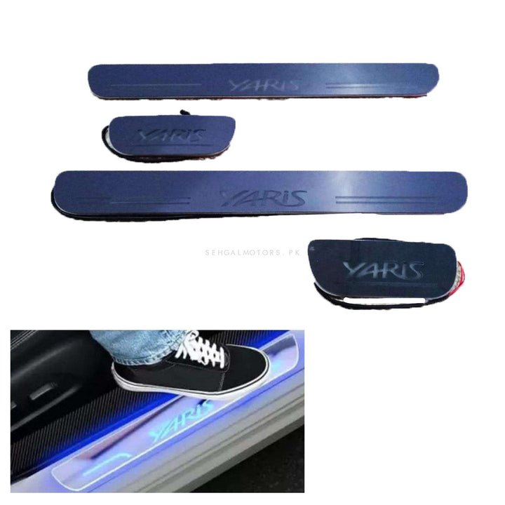 Toyota Yaris Glass LED Sill Plates / Skuff LED Panels Black With Chrome - Model 2020-2022
