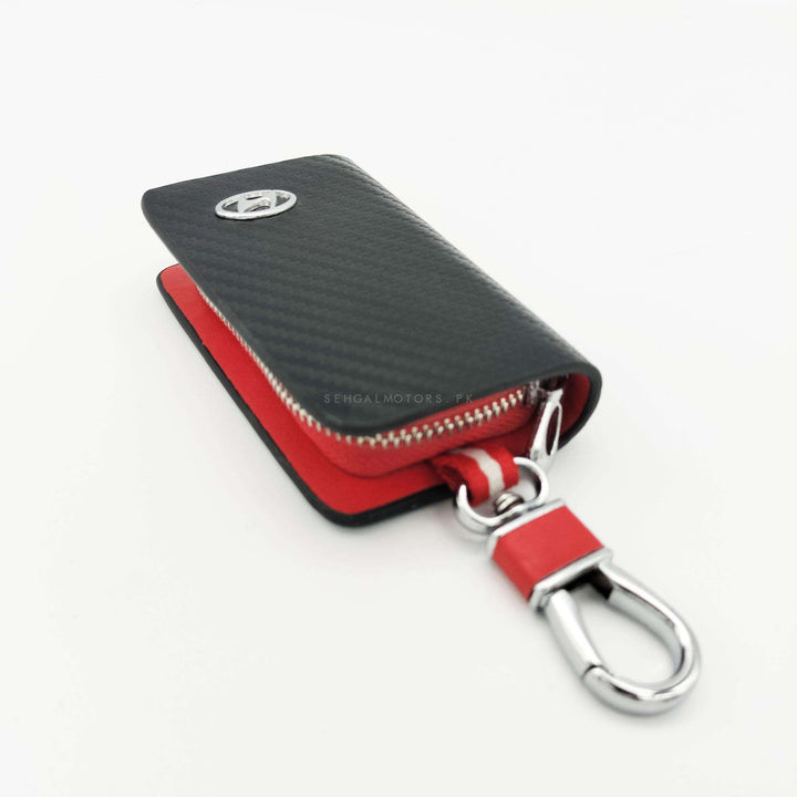 Hyundai Zipper Carbon Fiber Leather Key Cover Pouch Black with Keychain Ring