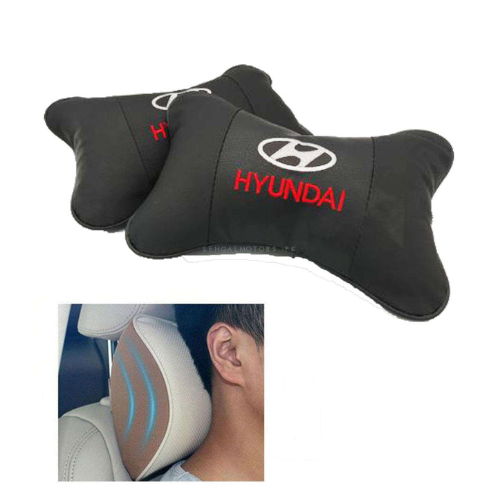 Hyundai Logo Neck Rest Headrest Pillow Cushion Black - Pair