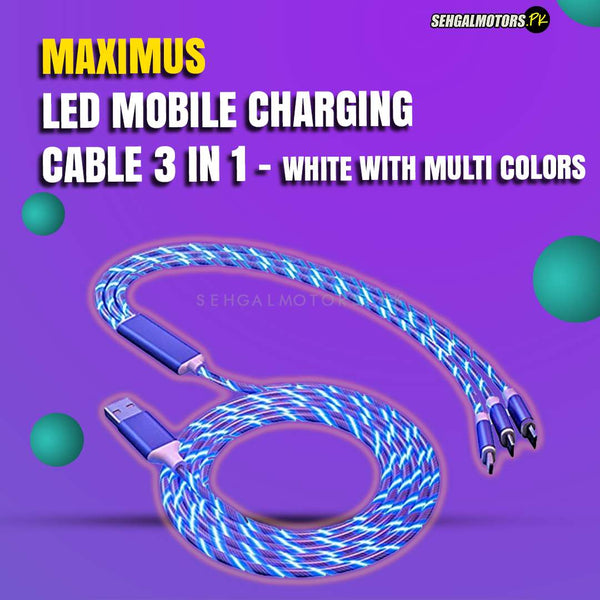 Maximus LED Mobile Charging Cable 3 IN 1 - White with Multi Colors