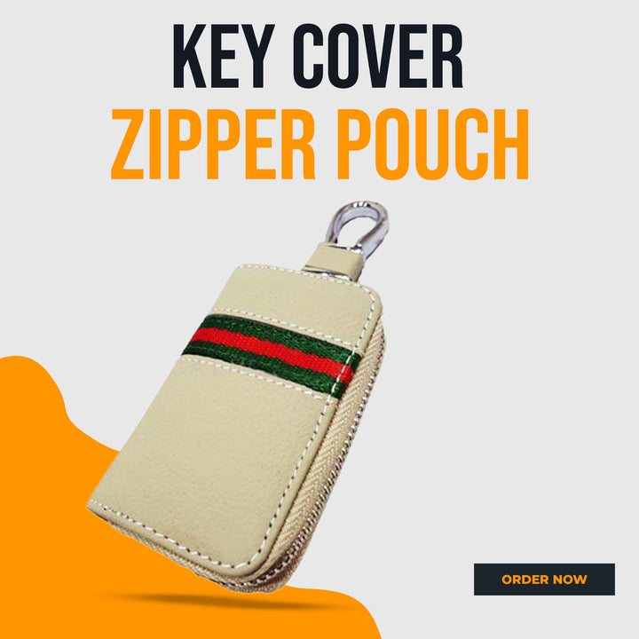 Universal Zipper Matte Leather Key Cover Pouch Beige with Keychain Ring