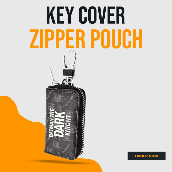 Dark Knight Zipper Matte Leather Key Cover Pouch Black with Keychain Ring