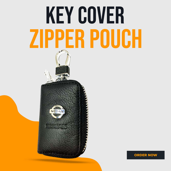 Nissan Zipper Matte Leather Key Cover Pouch Black with Keychain Ring