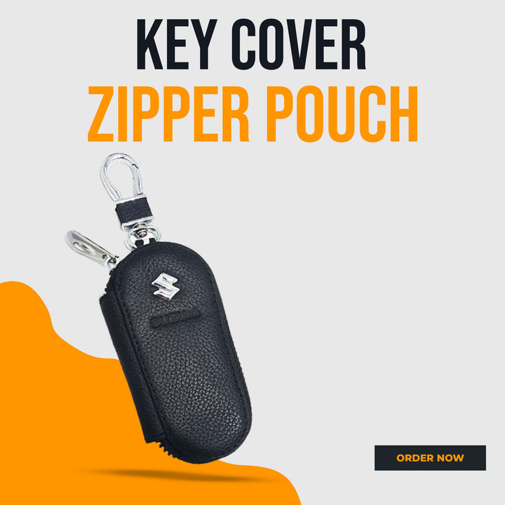 Suzuki Zipper Matte Leather Key Cover Pouch Black with Keychain Ring