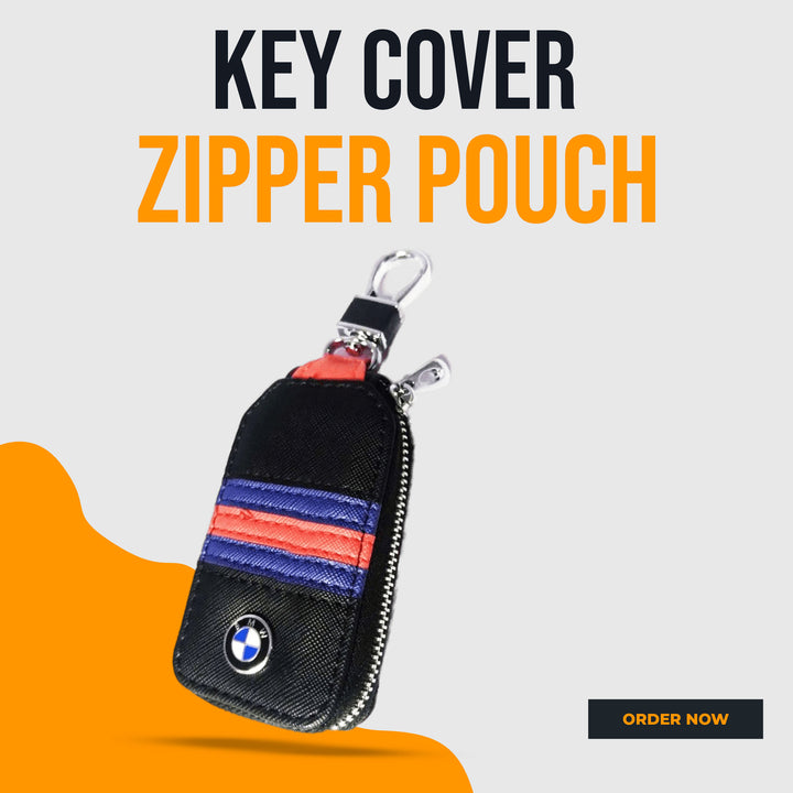 BMW Zipper Jeans Key Cover Pouch Black With Red Blue Strip Keychain Ring