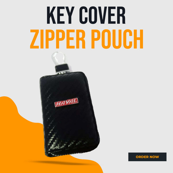 Haval Zipper Carbon Fiber Leather Key Cover Pouch Black with Keychain Ring