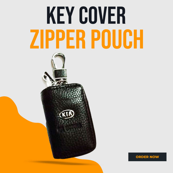 KIA Zipper Matte Leather Key Cover Pouch Black with Keychain Ring