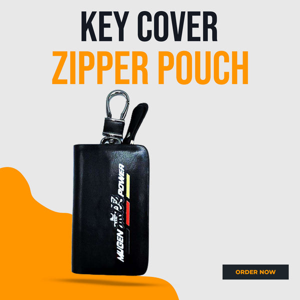 Mugen Power Zipper Glossy Leather Key Cover Pouch Black with Keychain Ring