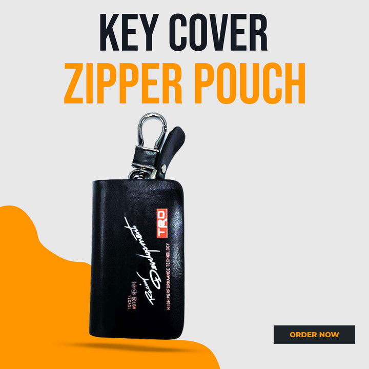 TRD Power Zipper Glossy Leather Key Cover Pouch Black with Keychain Ring