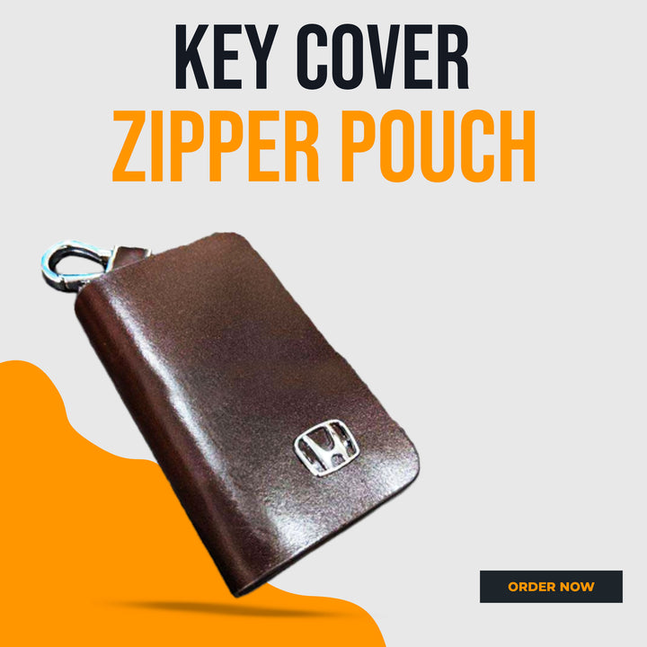 Honda Zipper Glossy Leather Key Cover Pouch Brown with Keychain Ring