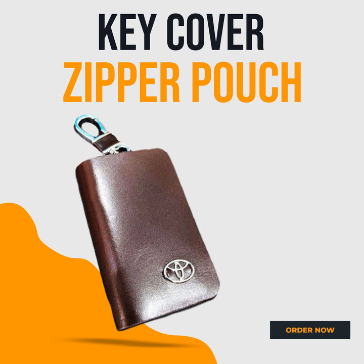 Toyota Zipper Glossy Leather Key Cover Pouch Brown with Keychain Ring