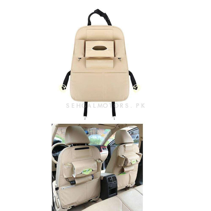 Back Seat Organizer Car Caddy in Leather Beige - Universal Storage Pockets Bag SehgalMotors.pk
