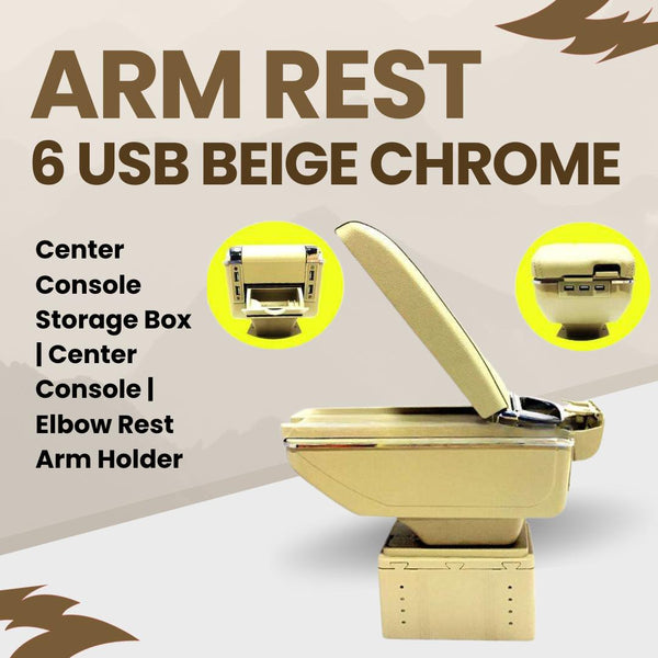 Car Universal Arm Rest 6 USB Beige Chrome - Center Console Storage Box | Center Console | Elbow Rest Arm Holder SehgalMotors.pk