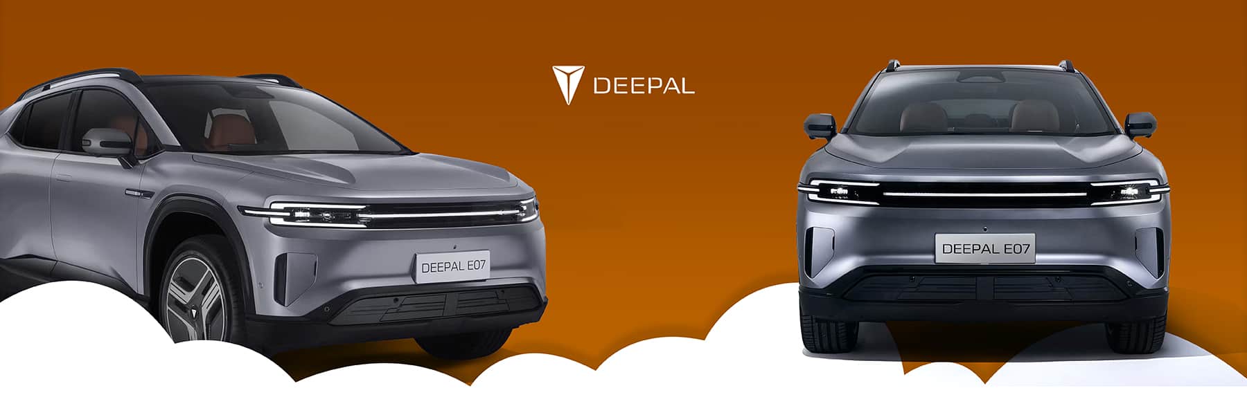 Deepal E07 electric SUV front and side views, sleek silver design with modern LED headlights