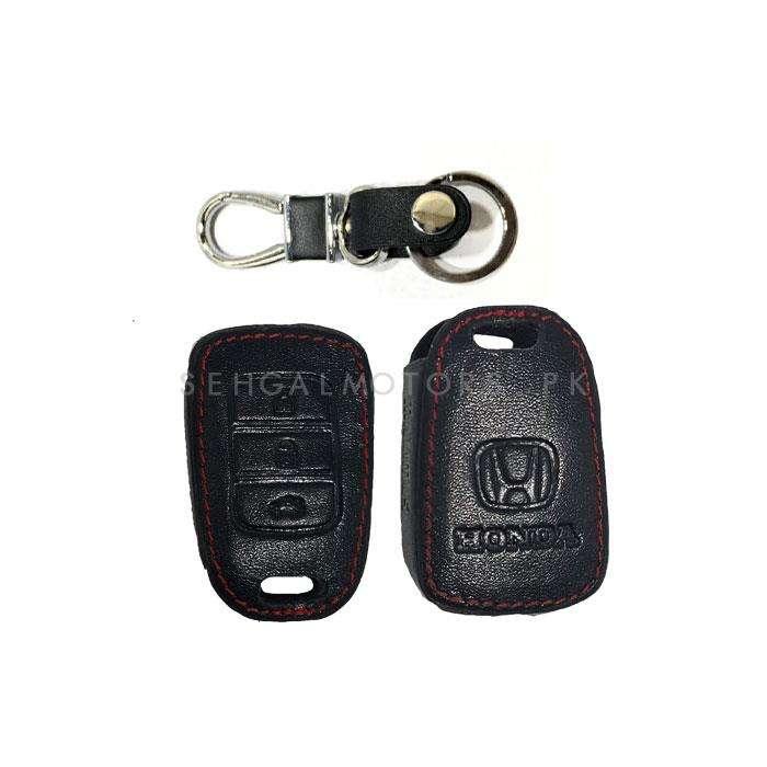 Honda BRV Leather Key Cover 3 Button with Key Chain Ring Black - Model 2017-2019 SehgalMotors.pk