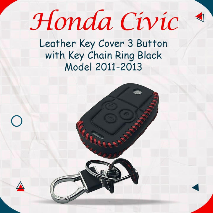 Honda Civic Leather Key Cover 3 Buttons with Key Chain Ring Black - Model 2011-2013 SehgalMotors.pk