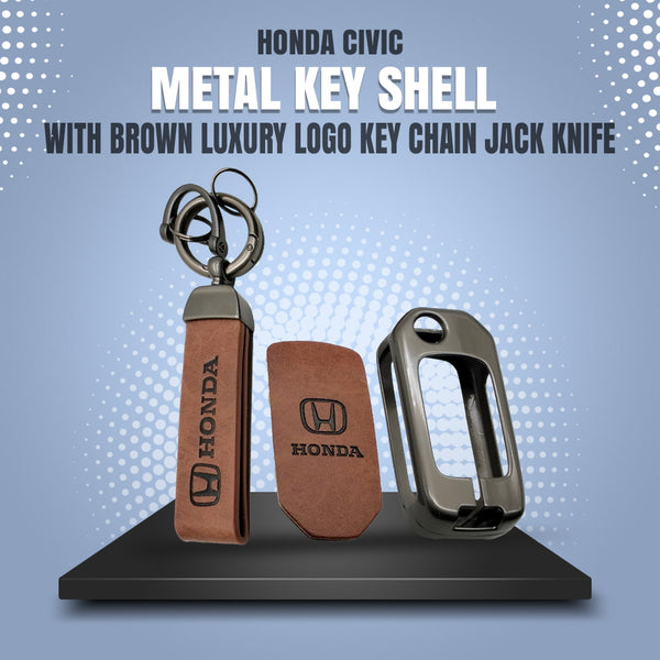 Honda Civic Metal Key Shell With Brown Luxury Logo Key Chain Jack Knife 2014-2015 SehgalMotors.pk